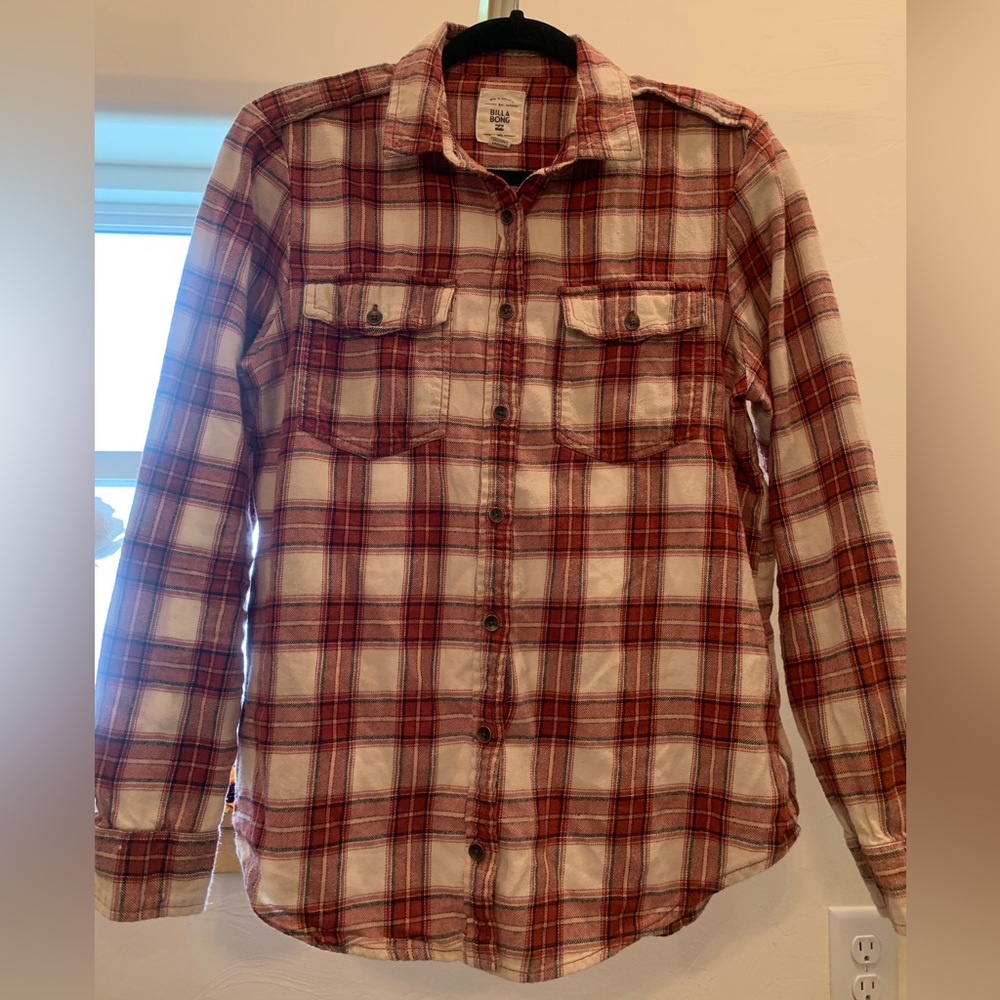 Billabong Red and White Plaid Button Down Shirt